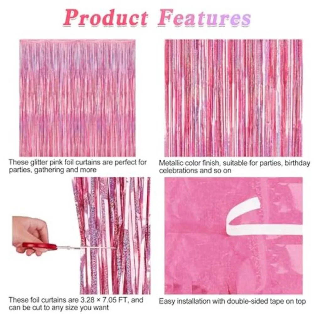 2PC Glitter Pink Tinsel Fringe Curtain PET 3.28x7ft Party Backdrop Decor
